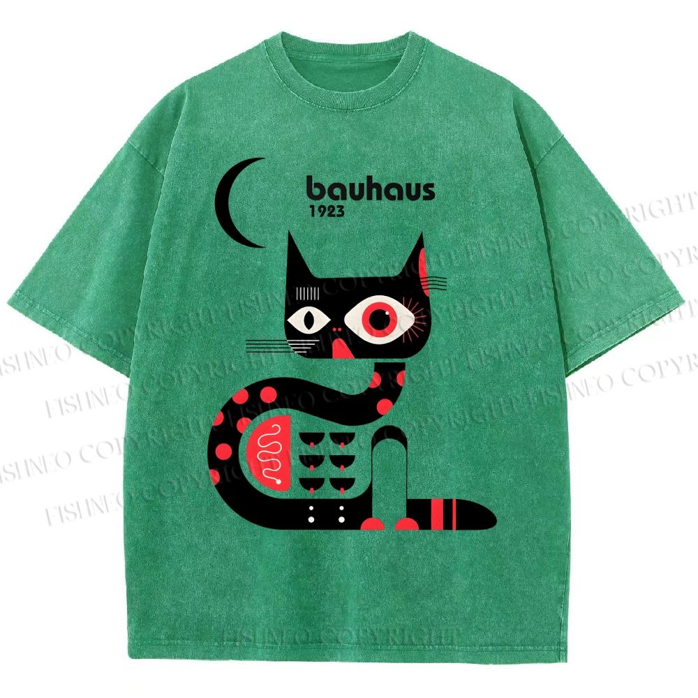 Unisex Bauhaus Geometric Cat Printed Washed Tee