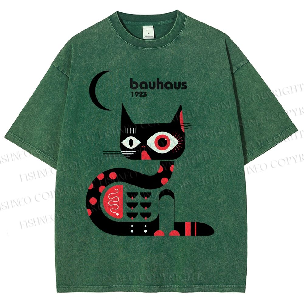 Unisex Bauhaus Geometric Cat Printed Washed Tee