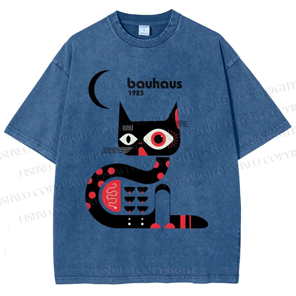 Unisex Bauhaus Geometric Cat Printed Washed Tee