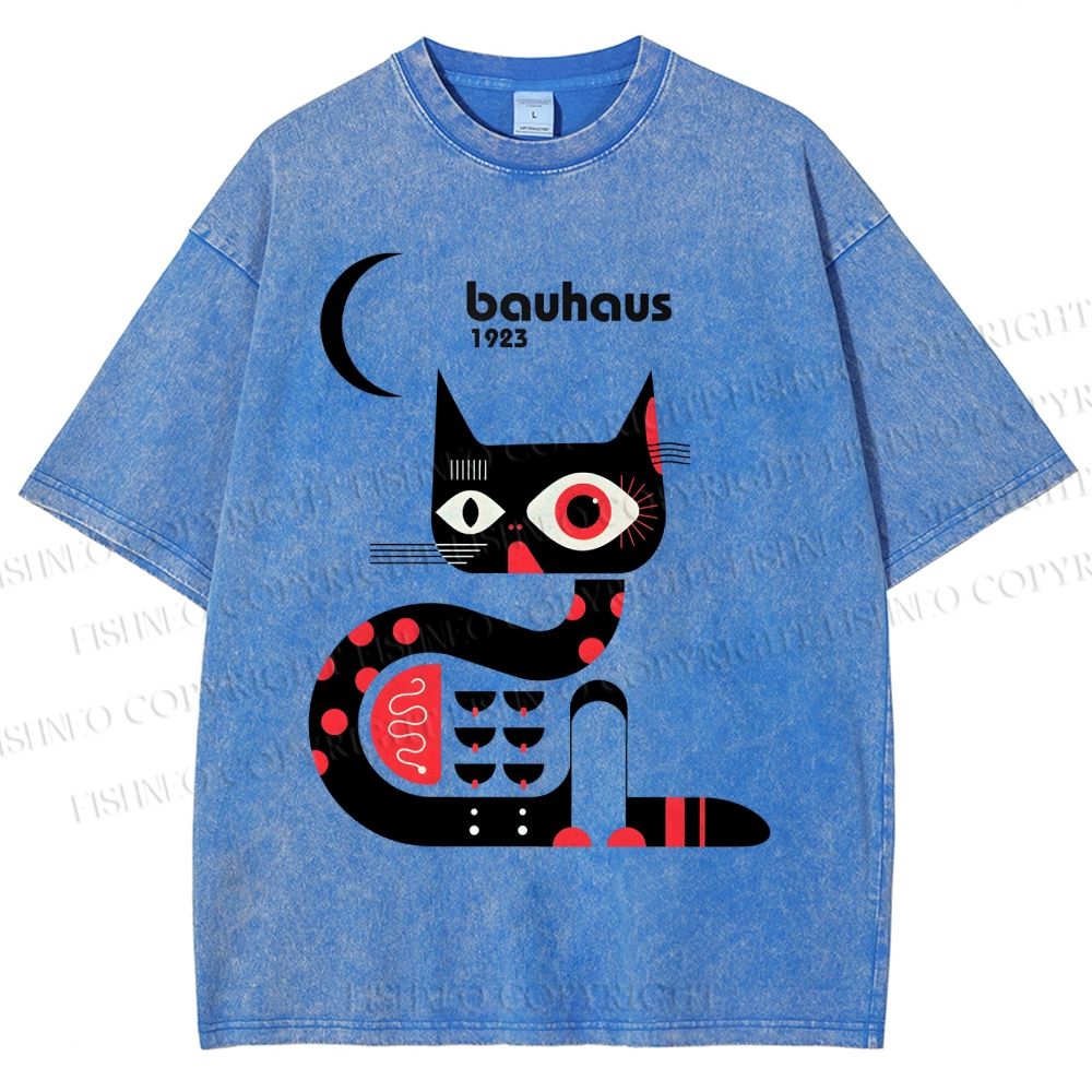 Unisex Bauhaus Geometric Cat Printed Washed Tee