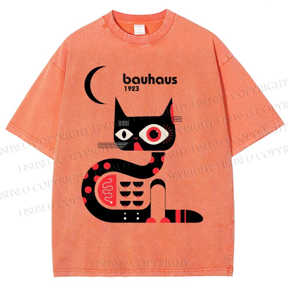 Unisex Bauhaus Geometric Cat Printed Washed Tee