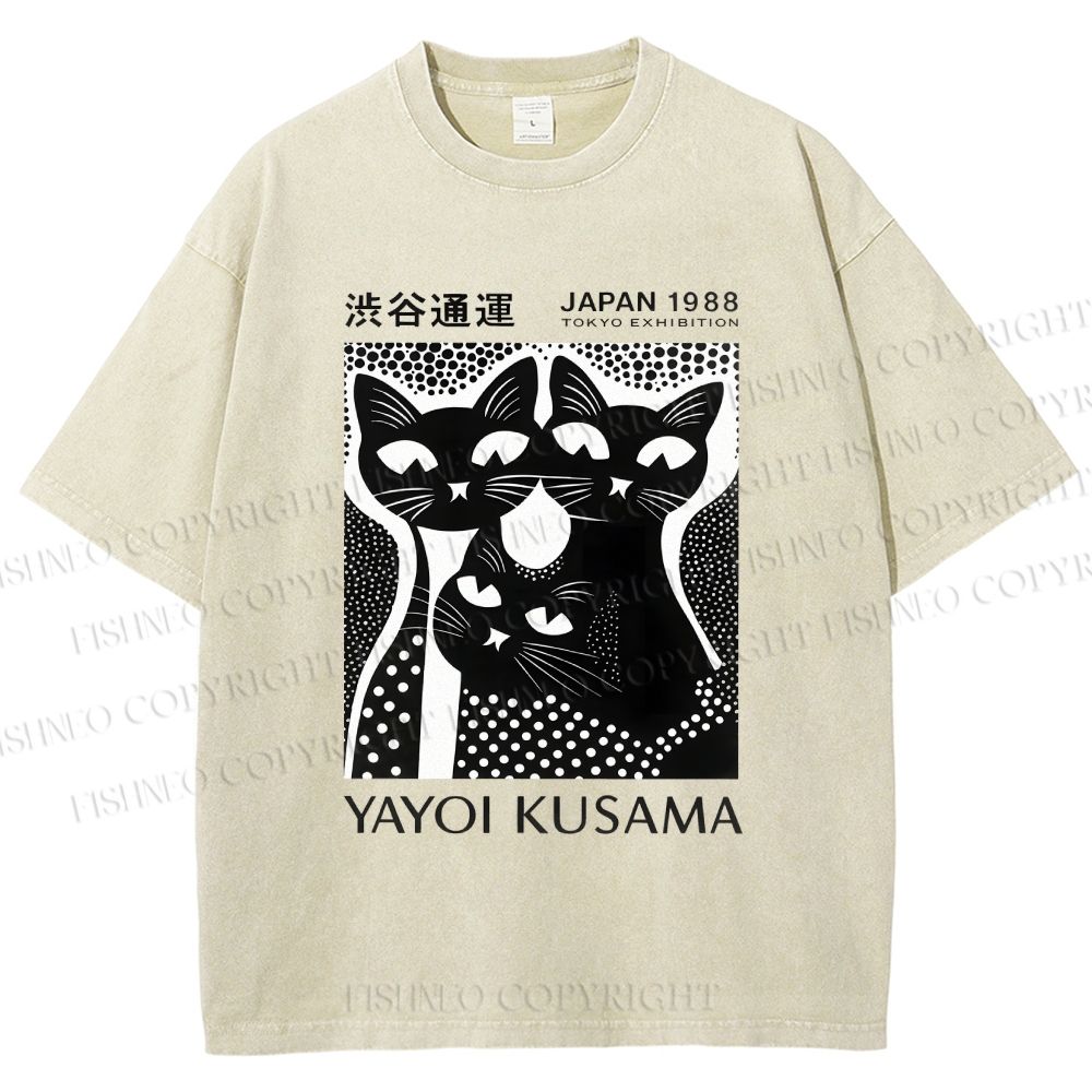 Unisex Yayoi Kusama Polka Dot Cat Printed Washed Tee