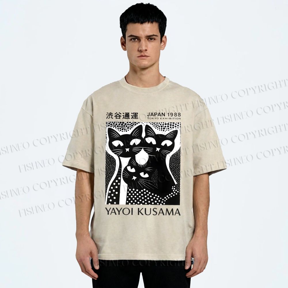 Unisex Yayoi Kusama Polka Dot Cat Printed Washed Tee