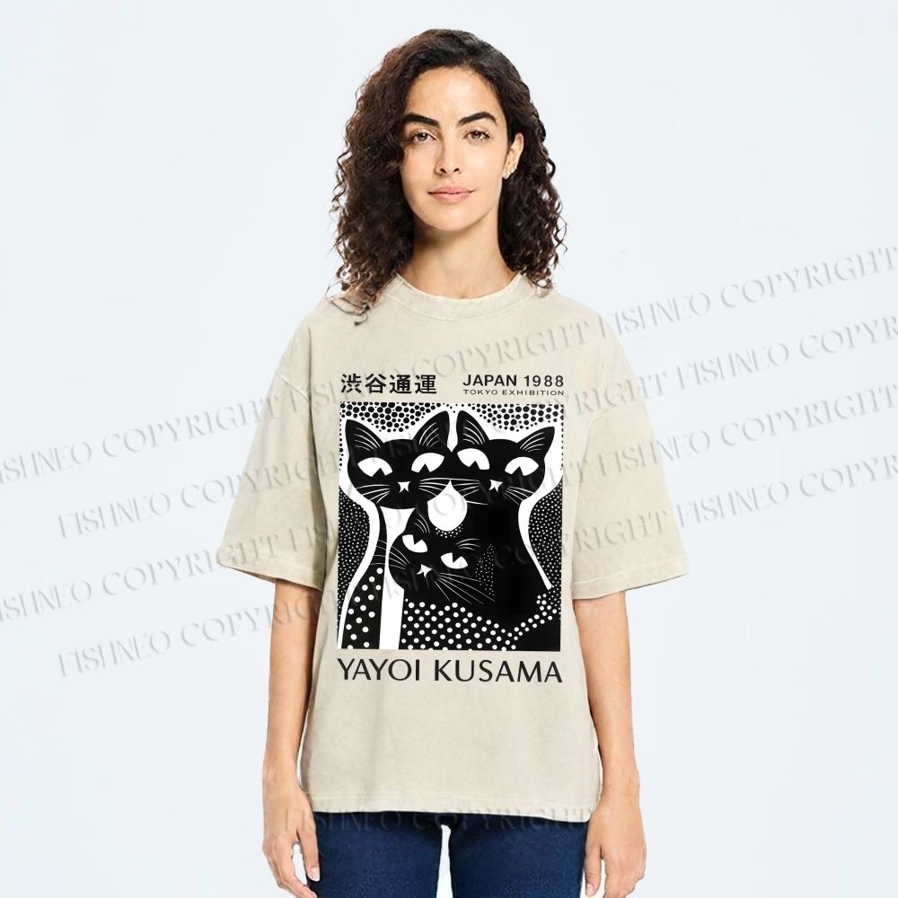 Unisex Yayoi Kusama Polka Dot Cat Printed Washed Tee