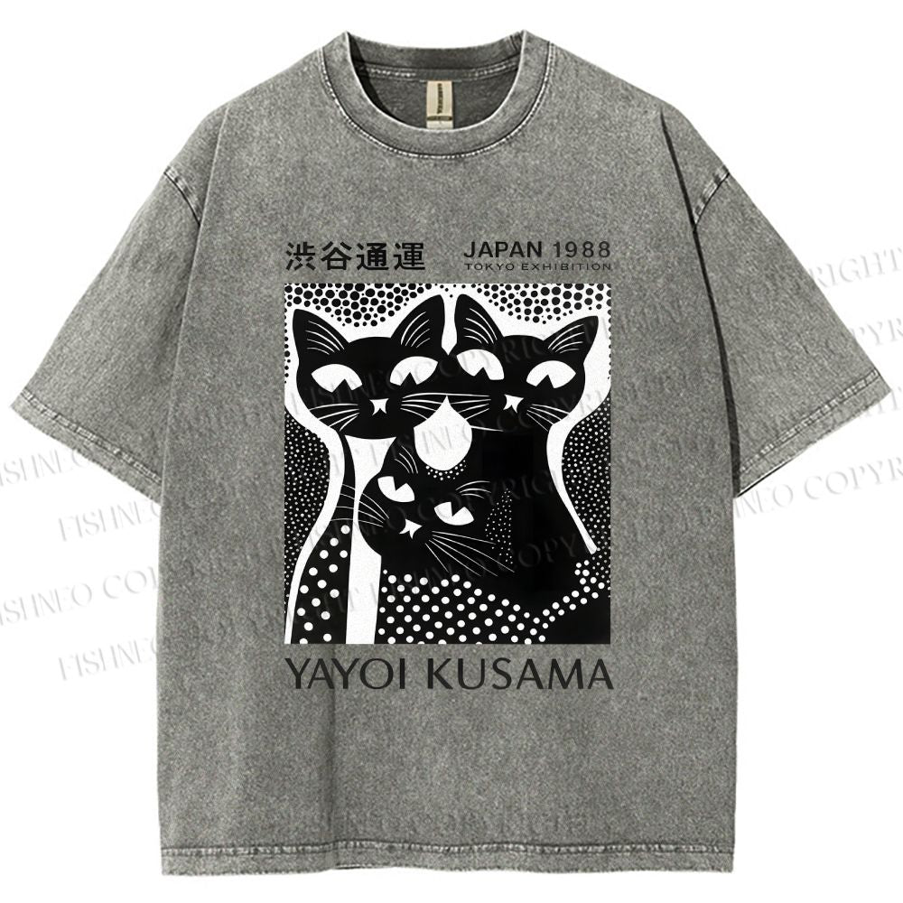 Unisex Yayoi Kusama Polka Dot Cat Printed Washed Tee