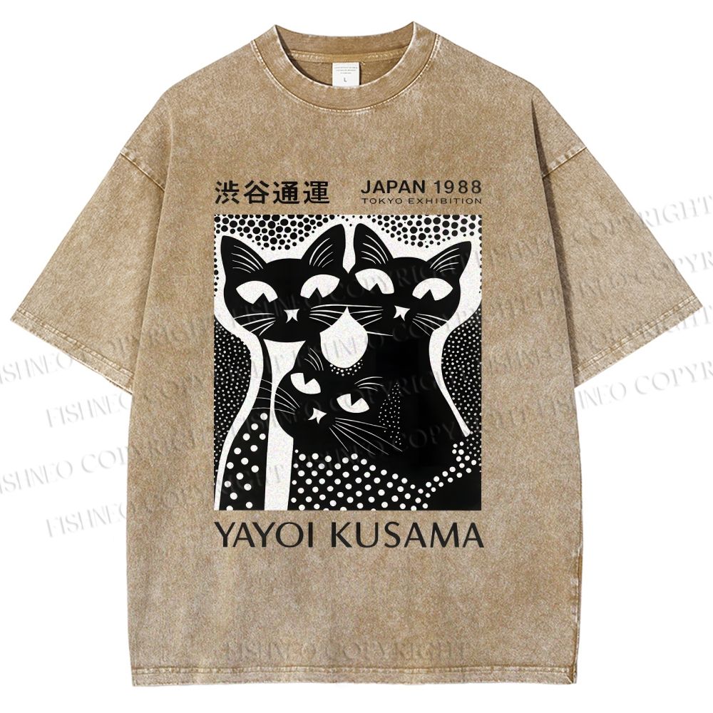 Unisex Yayoi Kusama Polka Dot Cat Printed Washed Tee