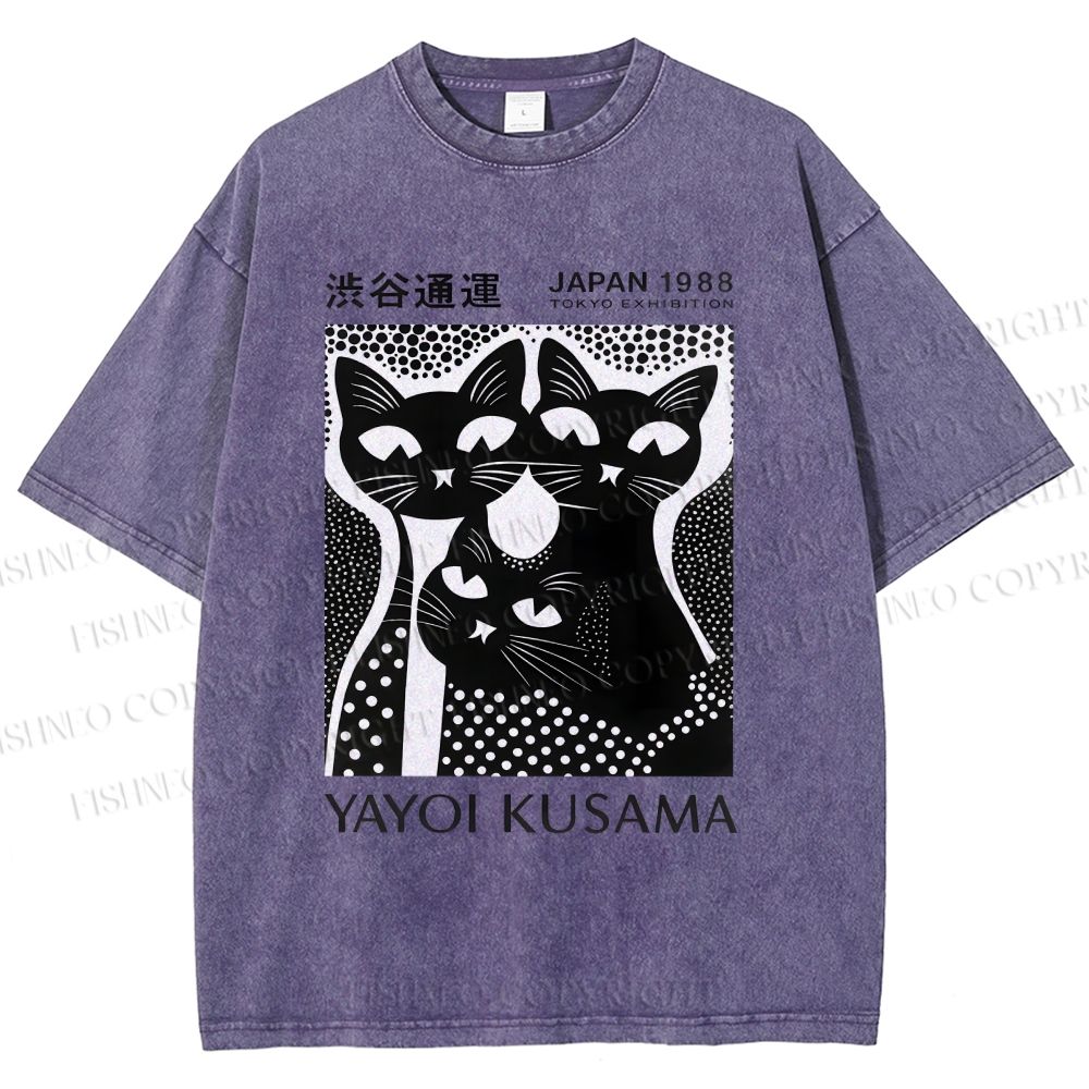 Unisex Yayoi Kusama Polka Dot Cat Printed Washed Tee