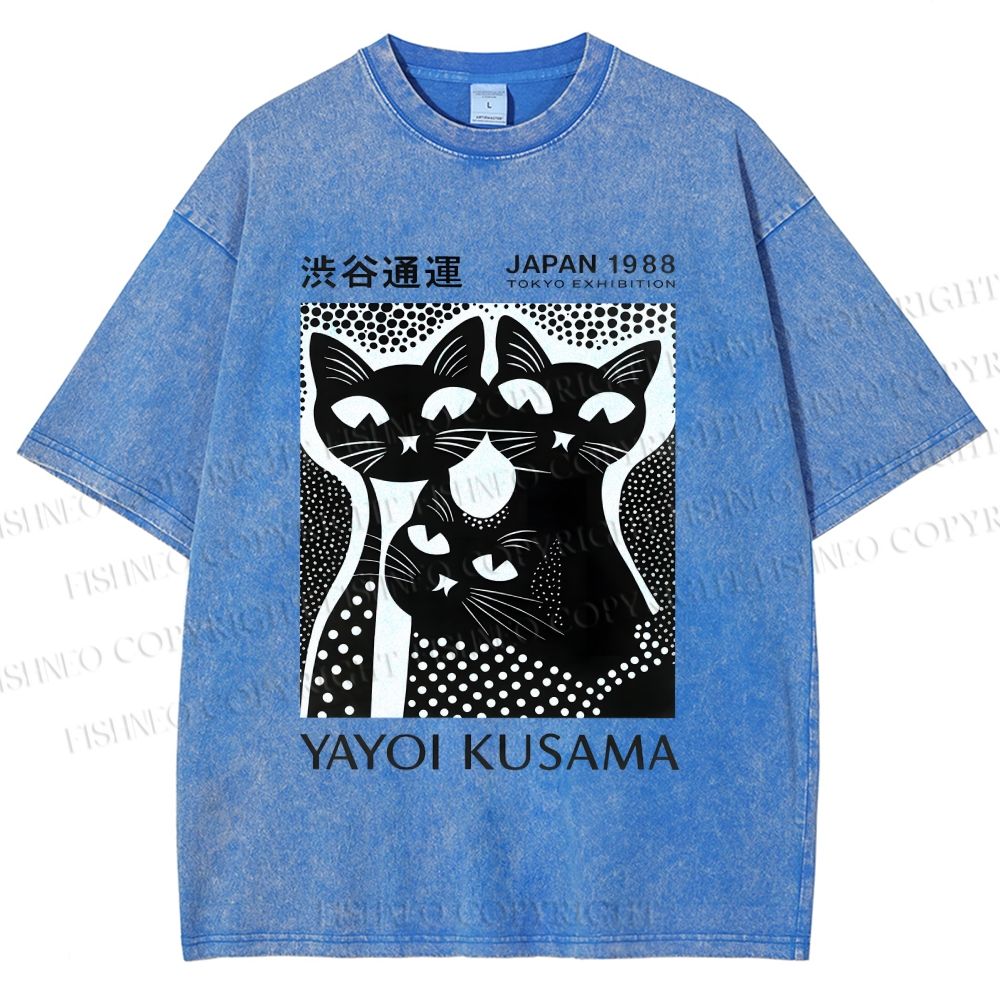 Unisex Yayoi Kusama Polka Dot Cat Printed Washed Tee