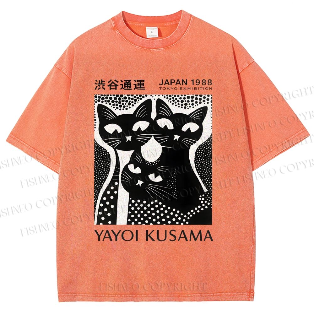 Unisex Yayoi Kusama Polka Dot Cat Printed Washed Tee