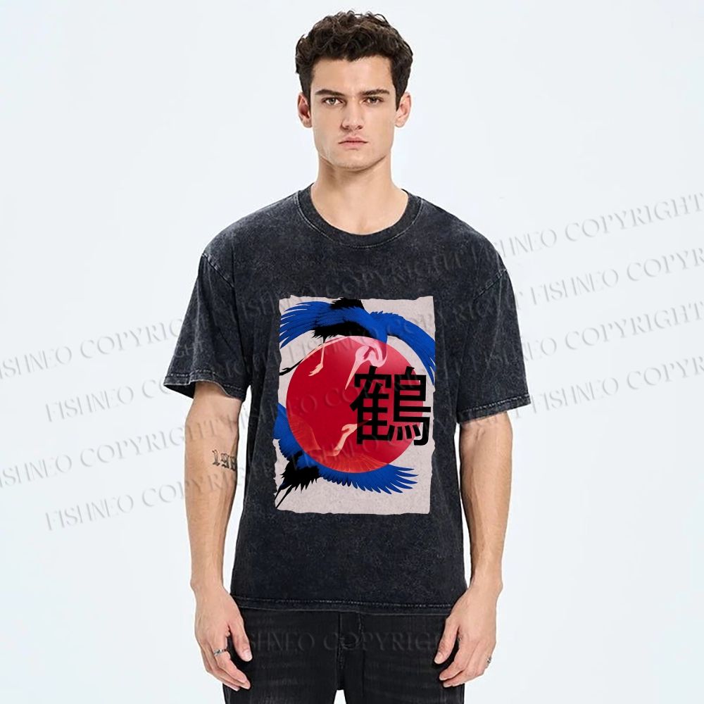 Unisex Crane Printed Washed Tee