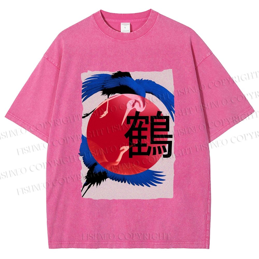 Unisex Crane Printed Washed Tee