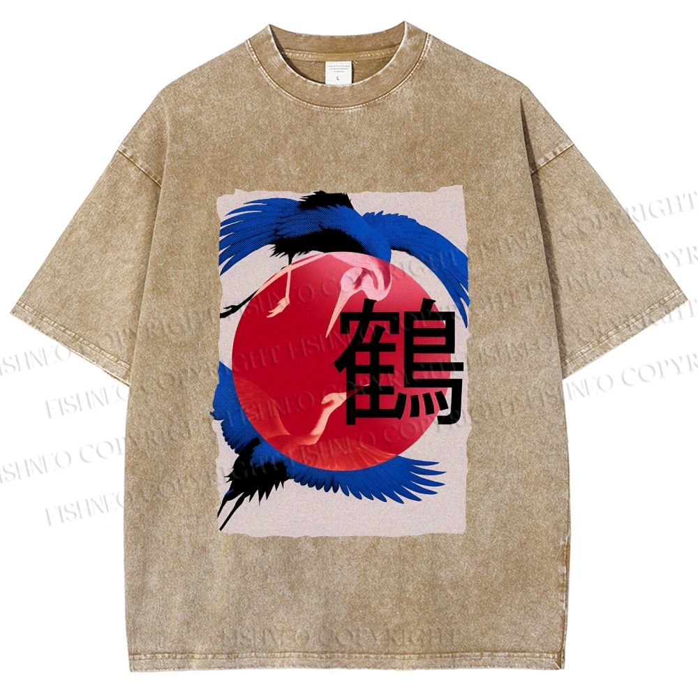 Unisex Crane Printed Washed Tee