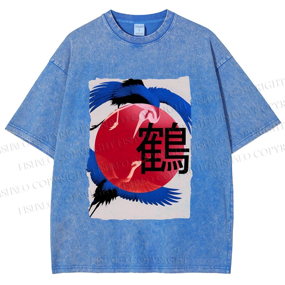 Unisex Crane Printed Washed Tee