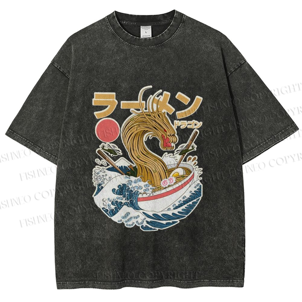 Unisex Japanese Dragon Ramen Printed Washed Tee