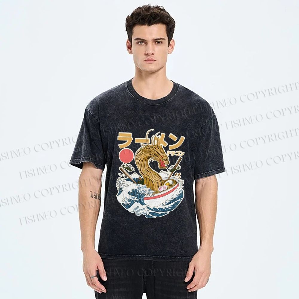 Unisex Japanese Dragon Ramen Printed Washed Tee