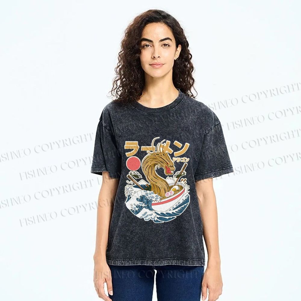 Unisex Japanese Dragon Ramen Printed Washed Tee