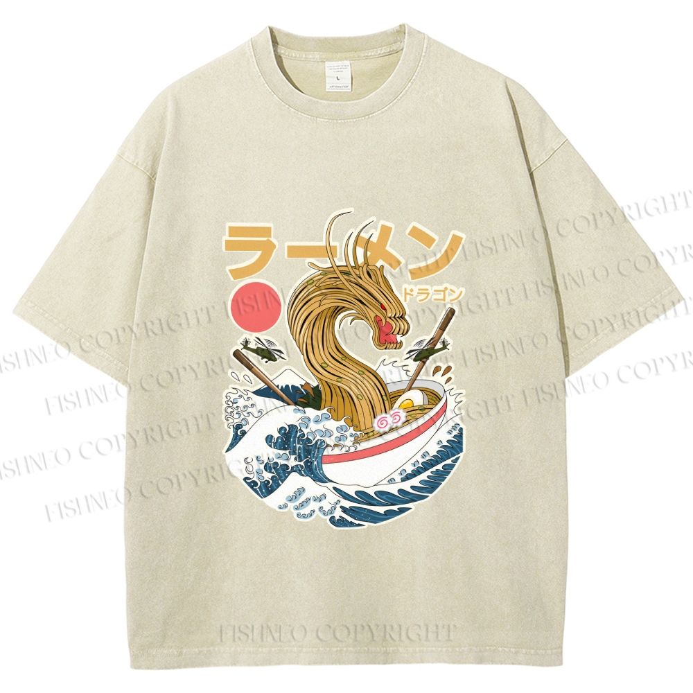 Unisex Japanese Dragon Ramen Printed Washed Tee