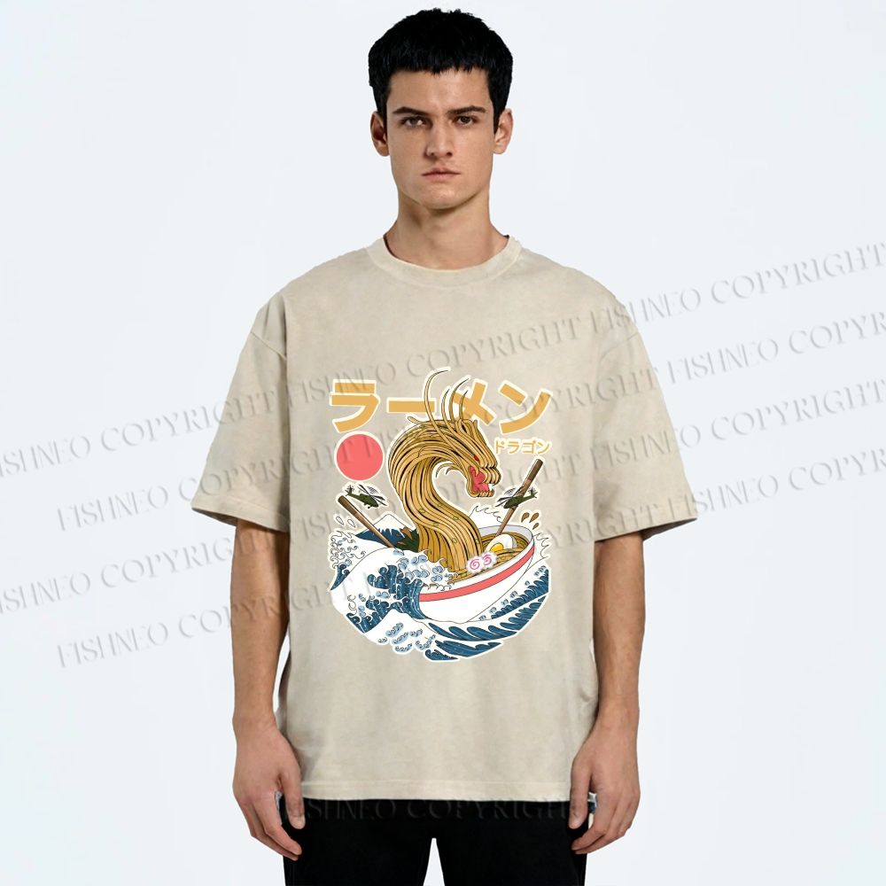 Unisex Japanese Dragon Ramen Printed Washed Tee