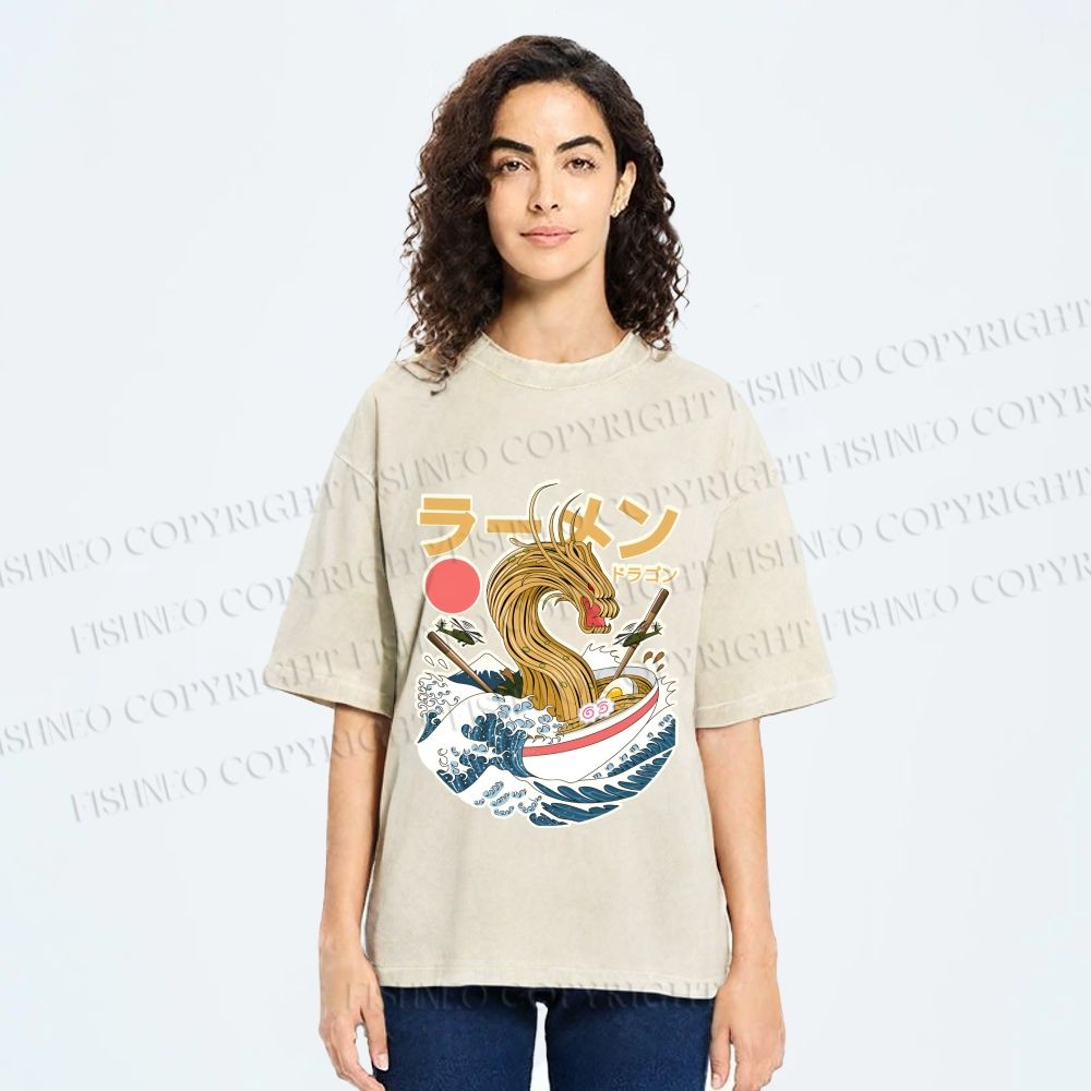 Unisex Japanese Dragon Ramen Printed Washed Tee