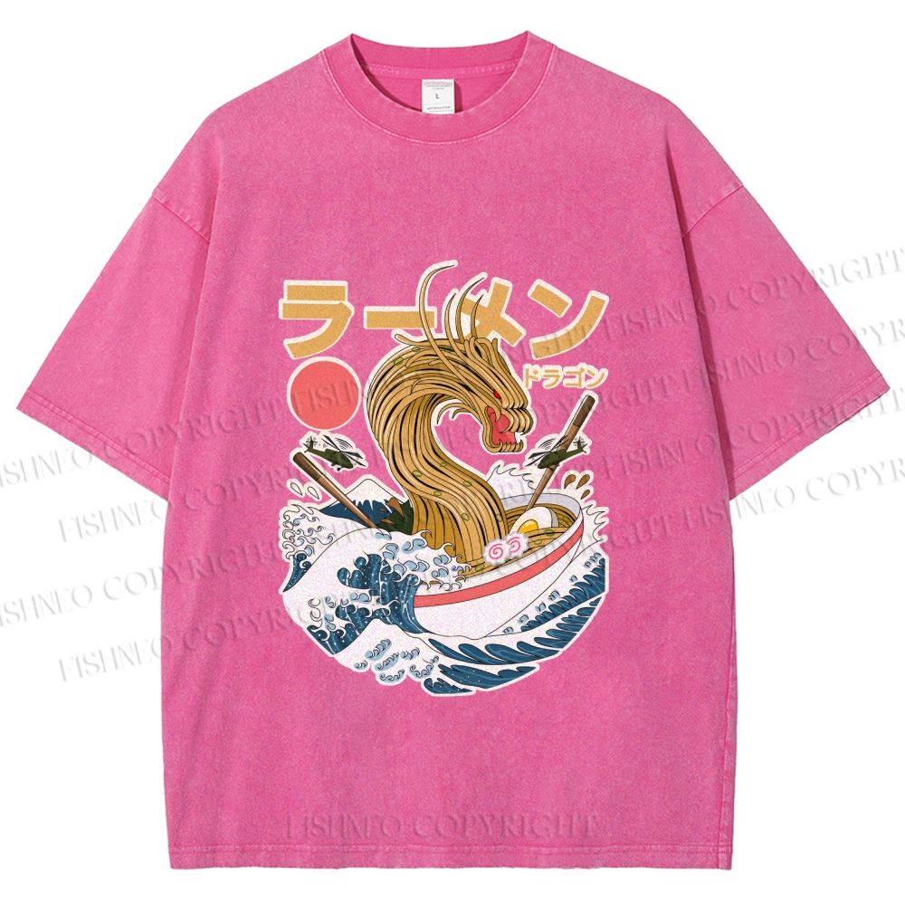 Unisex Japanese Dragon Ramen Printed Washed Tee