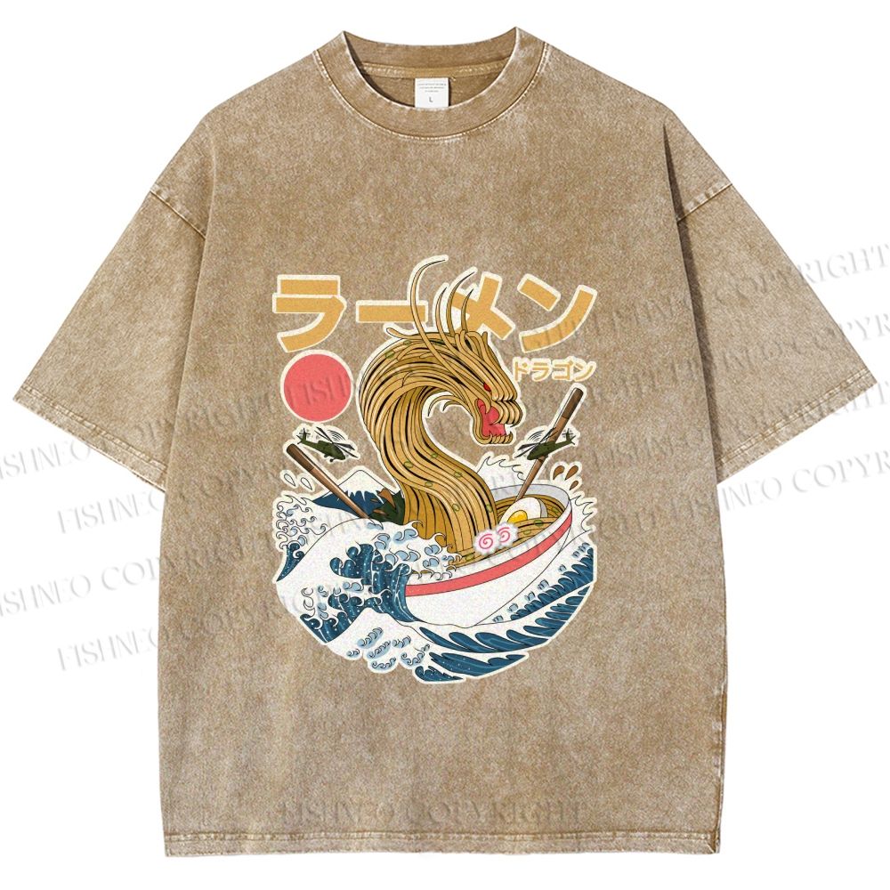 Unisex Japanese Dragon Ramen Printed Washed Tee