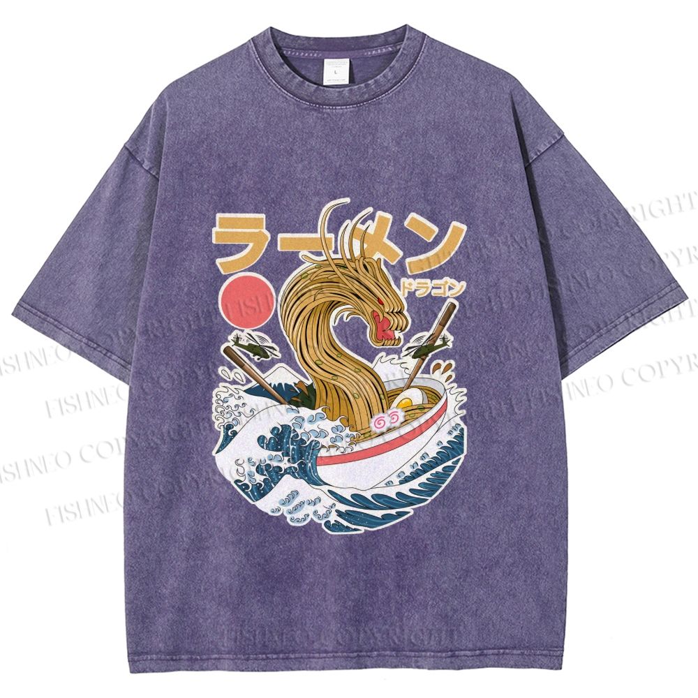 Unisex Japanese Dragon Ramen Printed Washed Tee