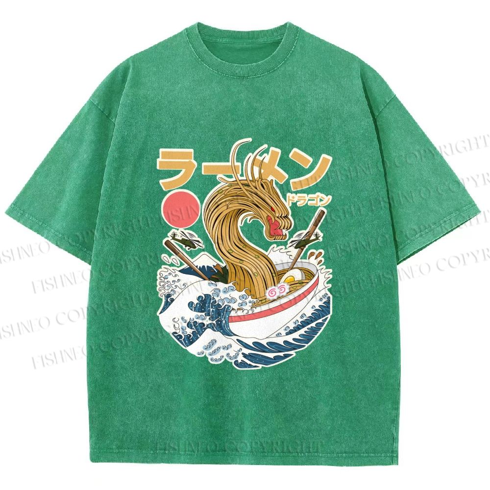 Unisex Japanese Dragon Ramen Printed Washed Tee