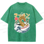 Unisex Japanese Dragon Ramen Printed Washed Tee