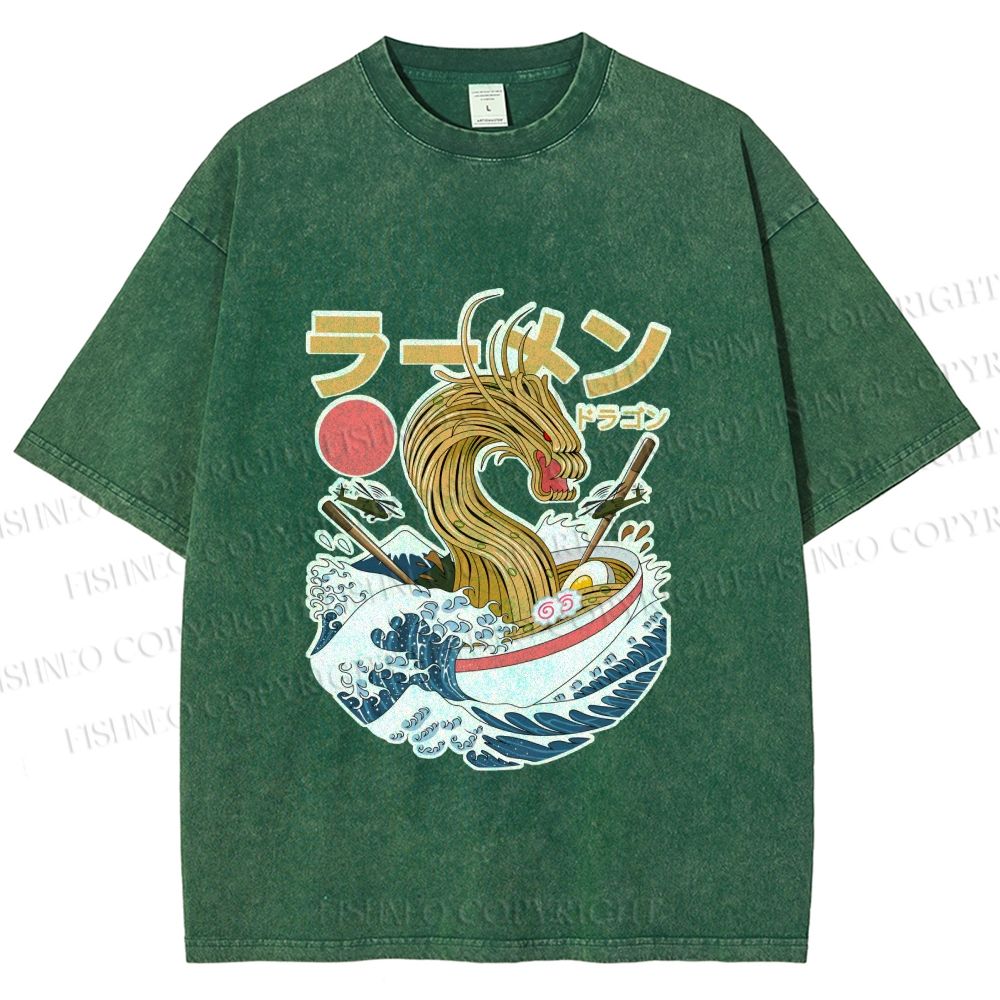 Unisex Japanese Dragon Ramen Printed Washed Tee