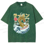 Unisex Japanese Dragon Ramen Printed Washed Tee