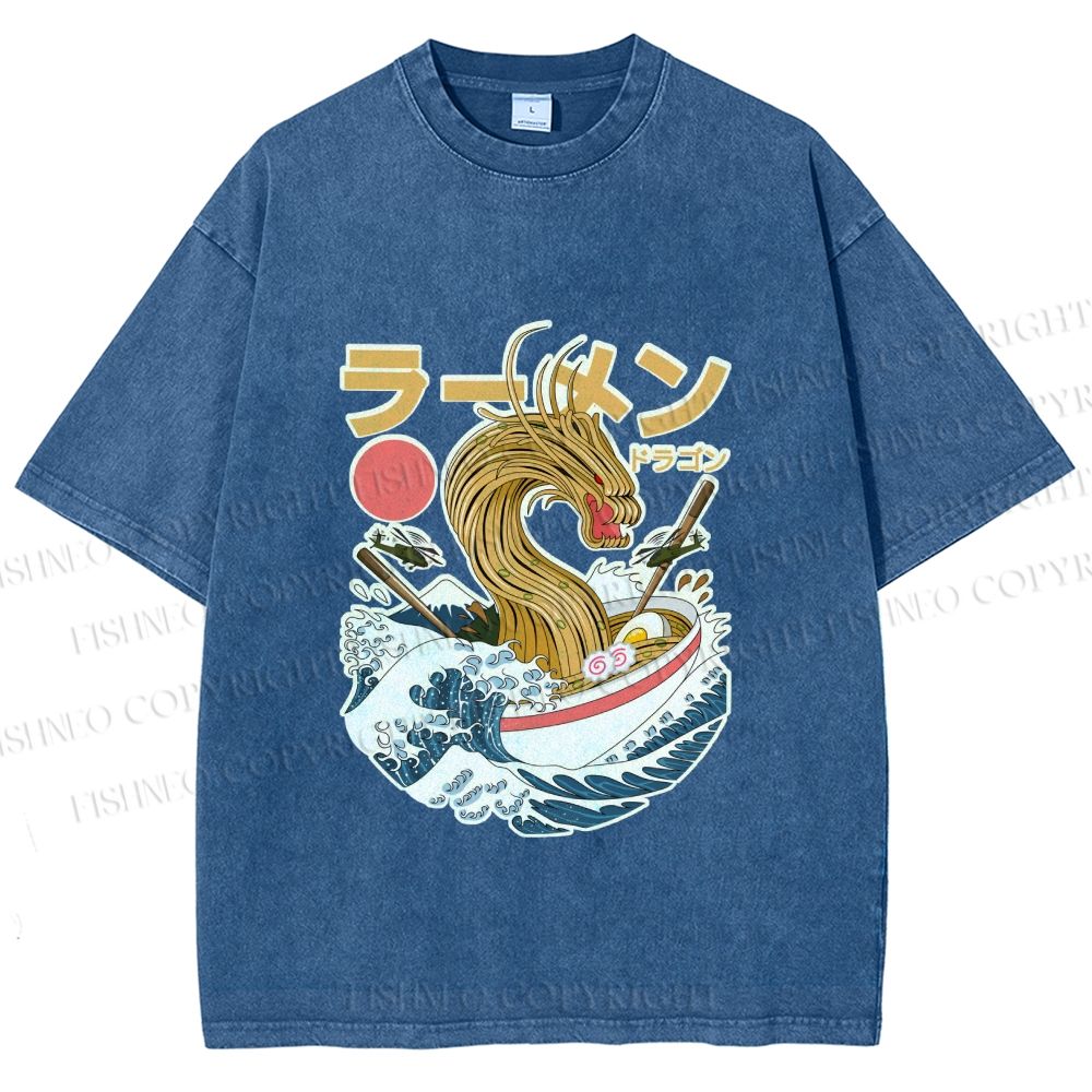 Unisex Japanese Dragon Ramen Printed Washed Tee