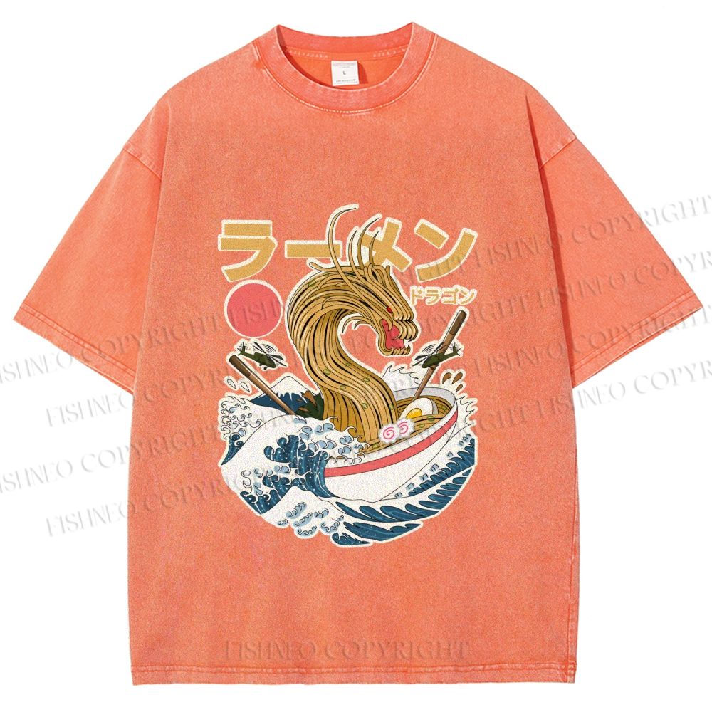 Unisex Japanese Dragon Ramen Printed Washed Tee