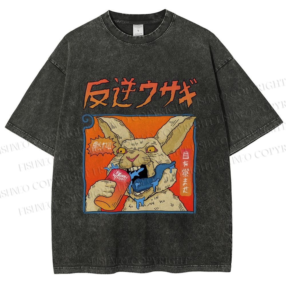 Unisex Crazy Rabbit Japanese Printed Washed Tee