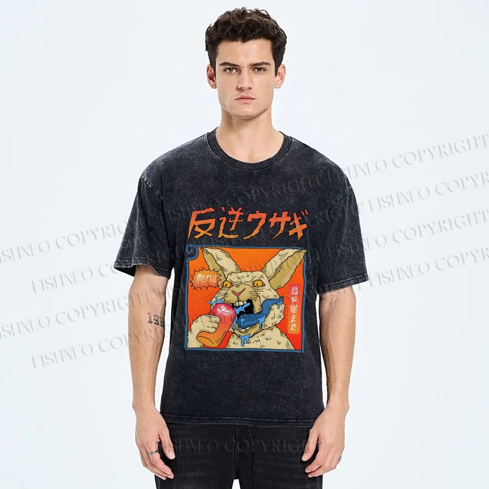 Unisex Crazy Rabbit Japanese Printed Washed Tee