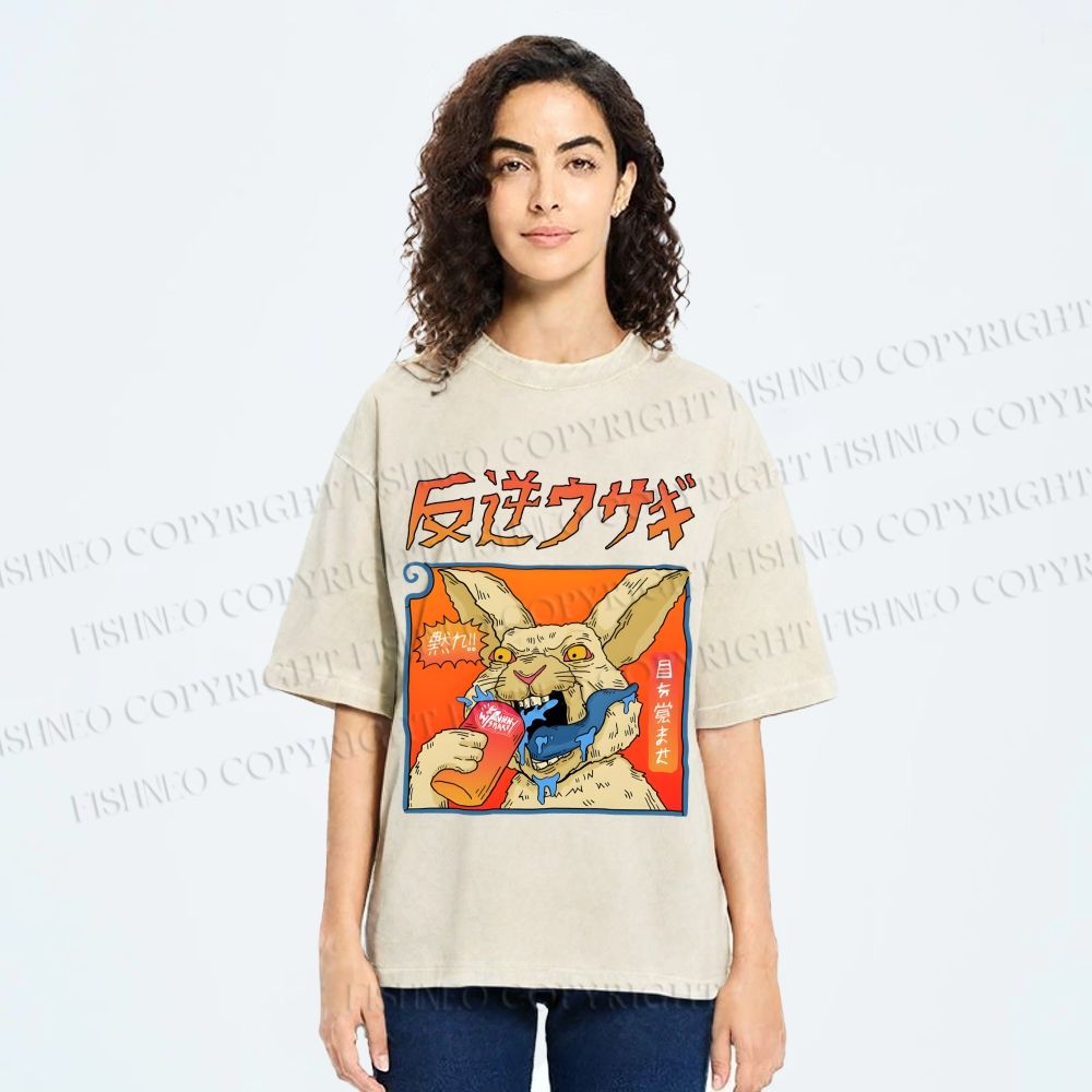 Unisex Crazy Rabbit Japanese Printed Washed Tee