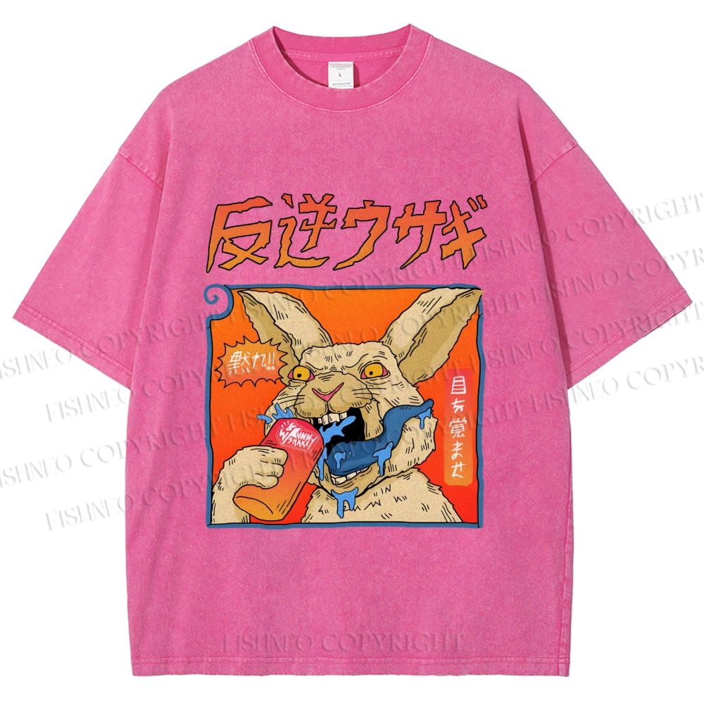 Unisex Crazy Rabbit Japanese Printed Washed Tee