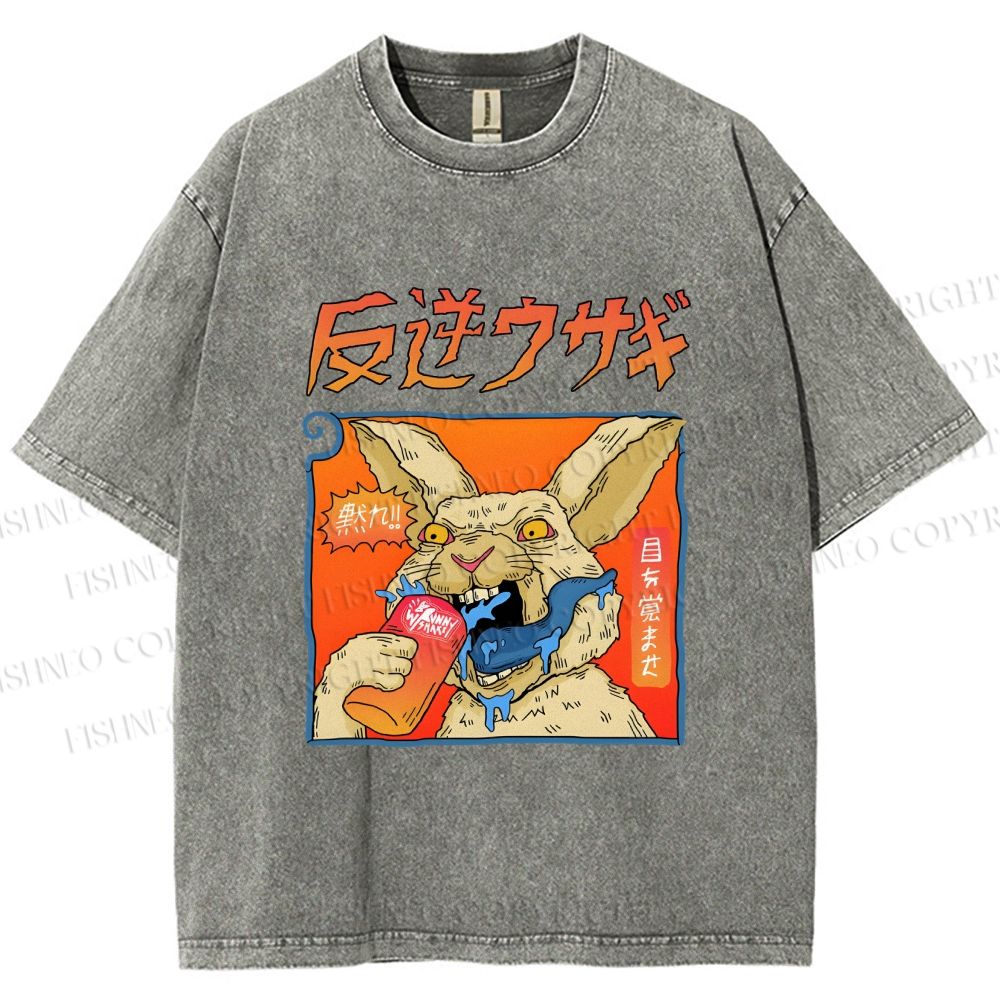Unisex Crazy Rabbit Japanese Printed Washed Tee