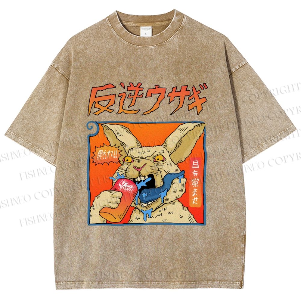 Unisex Crazy Rabbit Japanese Printed Washed Tee