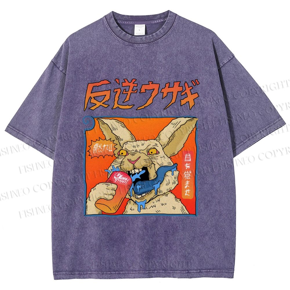 Unisex Crazy Rabbit Japanese Printed Washed Tee