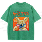 Unisex Crazy Rabbit Japanese Printed Washed Tee