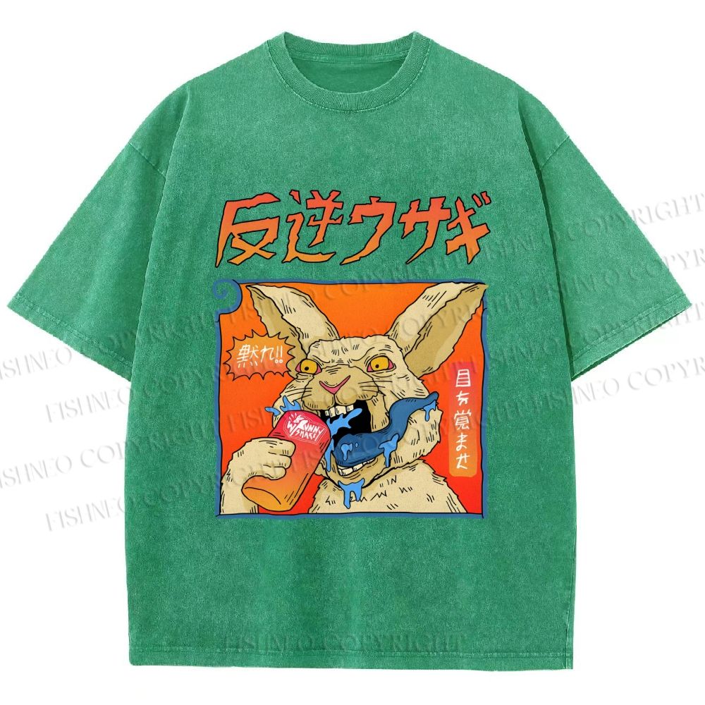 Unisex Crazy Rabbit Japanese Printed Washed Tee