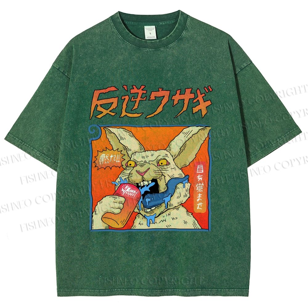 Unisex Crazy Rabbit Japanese Printed Washed Tee