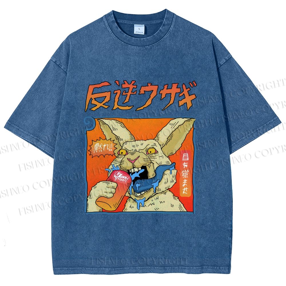 Unisex Crazy Rabbit Japanese Printed Washed Tee