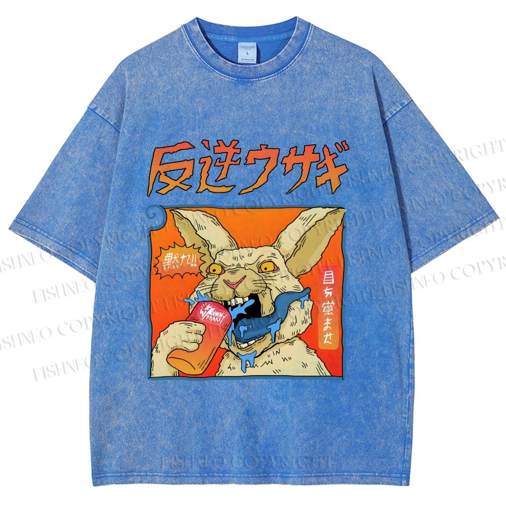 Unisex Crazy Rabbit Japanese Printed Washed Tee