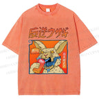 Unisex Crazy Rabbit Japanese Printed Washed Tee