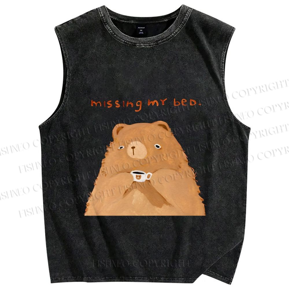 Unisex Sad Bear Missing Bed Printed Washed Tank Top