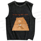Unisex Sad Bear Missing Bed Printed Washed Tank Top