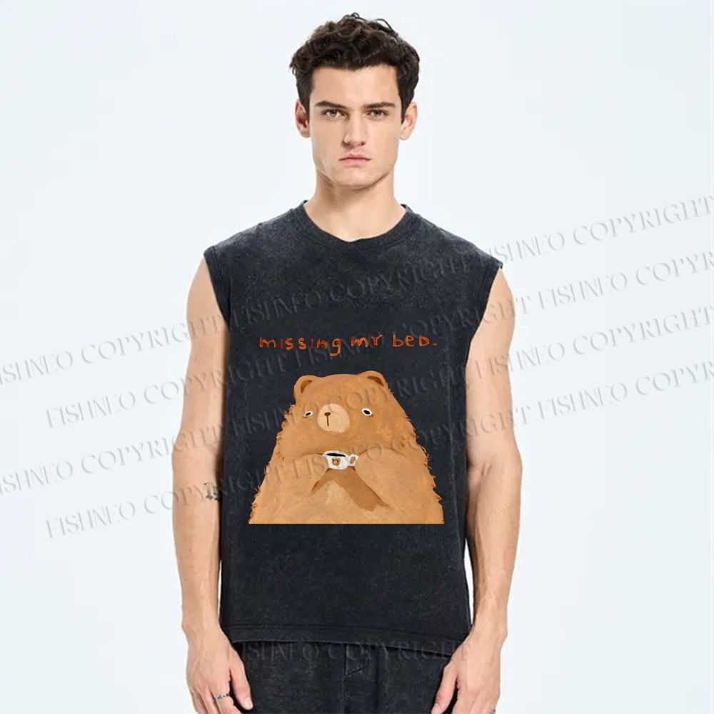 Unisex Sad Bear Missing Bed Printed Washed Tank Top