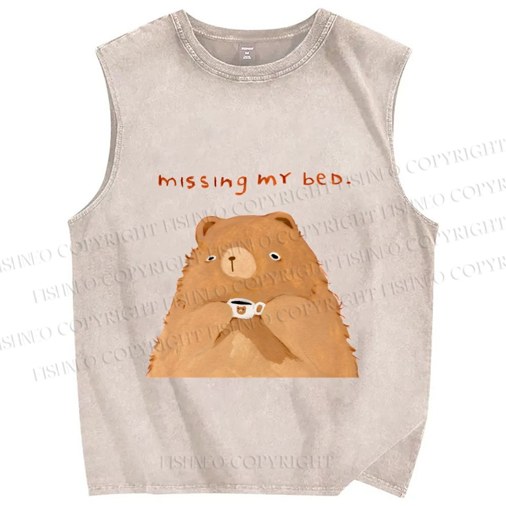 Unisex Sad Bear Missing Bed Printed Washed Tank Top