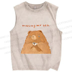 Unisex Sad Bear Missing Bed Printed Washed Tank Top